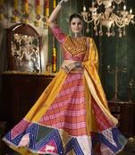 YELLOW THREAD EMBROIDERED WITH MIRROR WORK MASLIN COTTON TRADITIONAL NAVRATRI PARTY WEAR FESTIVAL STITCHED LEHENGA CHOLI