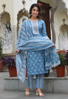 Premium quality rayon printed kurti with adda hand  lace work with printed pant with full sized printed dupatta 1