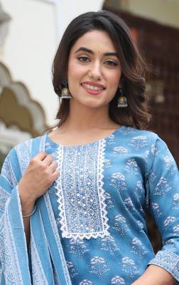 Premium quality rayon printed kurti with adda hand  lace work with printed pant with full sized printed dupatta 5