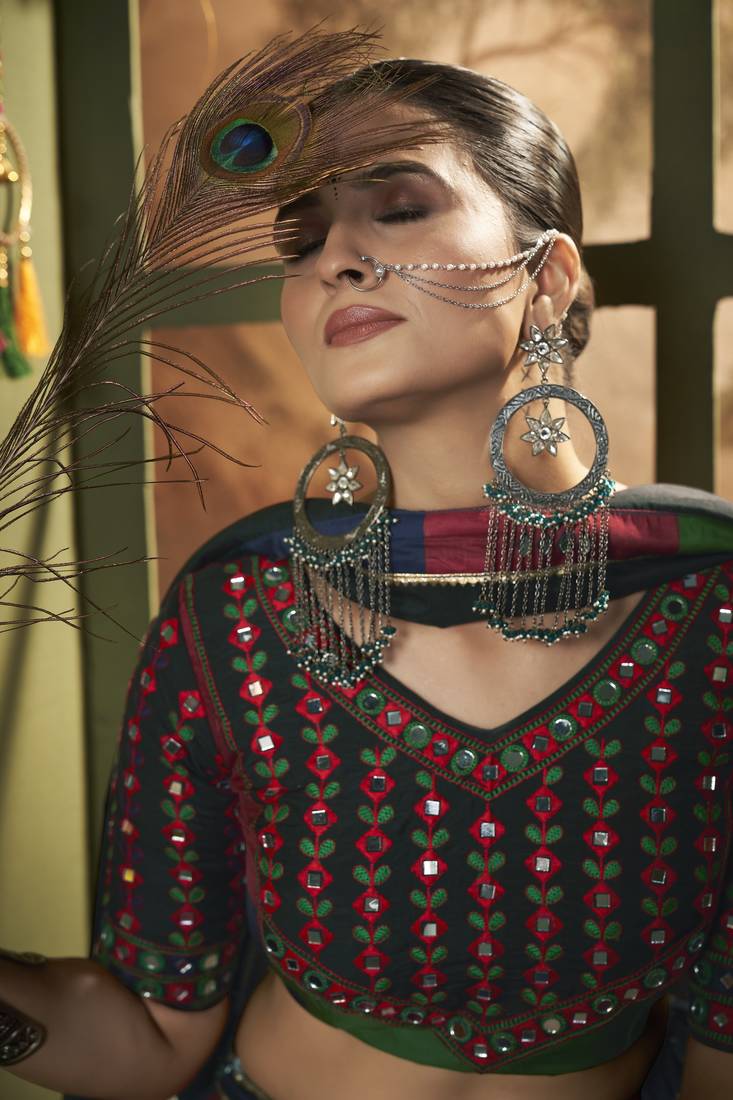 MULTICOLOR THREAD EMBROIDERED WITH MIRROR WORK MASLIN COTTON NAVRATRI PARTY WEAR FESTIVAL STITCHED LEHENGA CHOLI