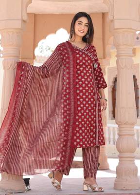 Premium quality rayon printed kurti with adda hand  lace work with printed pant with full sized printed dupatta 1
