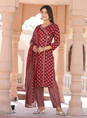 Premium quality rayon printed kurti with adda hand  lace work with printed pant with full sized printed dupatta 2