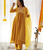 Janasya women's mustard chanderi emabellished kurta with palazzo and dupatta