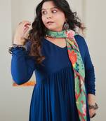 Janasya women's teal blue rayon solid kurta with palazzo and scarf