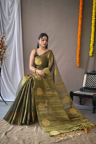 Green Tissue Silk Zari weaving Thread work saree with Blouse