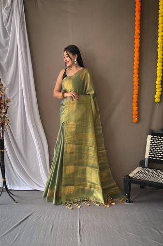 Parrot Tissue Silk Zari weaving Thread work saree with Blouse