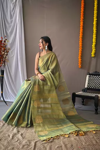 Parrot Tissue Silk Zari weaving Thread work saree with Blouse