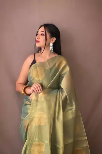 Parrot Tissue Silk Zari weaving Thread work saree with Blouse