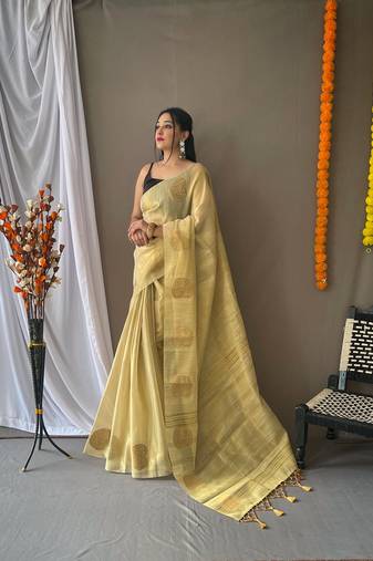 cream Tissue Silk Zari weaving Thread work saree with Blouse