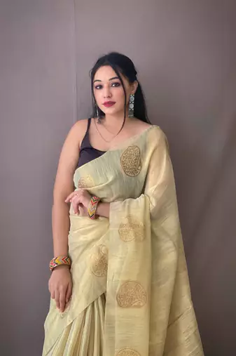 cream Tissue Silk Zari weaving Thread work saree with Blouse