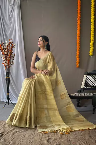 cream Tissue Silk Zari weaving Thread work saree with Blouse