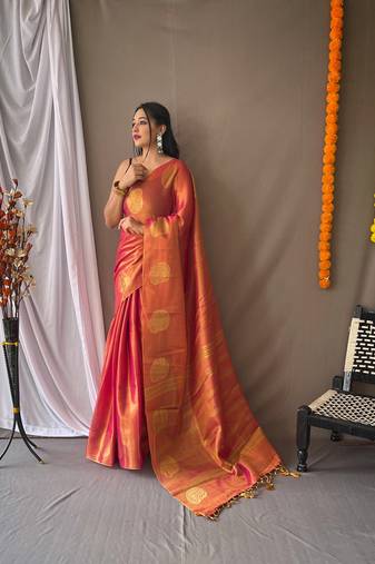 pink Tissue Silk Zari weaving Thread work saree with Blouse