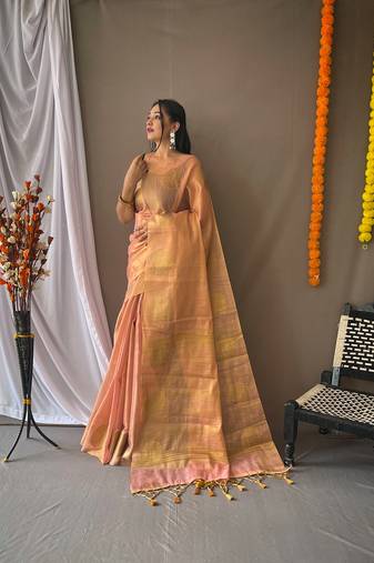 Light Pink Tissue Silk Zari weaving Thread work saree with Blouse