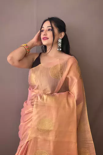 Light Pink Tissue Silk Zari weaving Thread work saree with Blouse