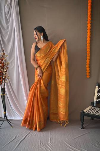 Orange Tissue Silk Zari weaving Thread work saree with Blouse
