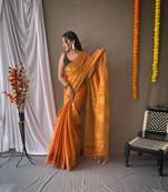 Orange Tissue Silk Zari weaving Thread work saree with Blouse