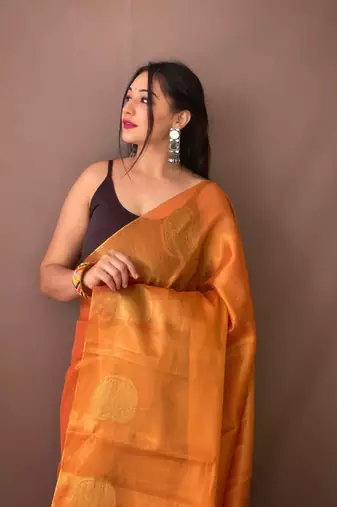 Orange Tissue Silk Zari weaving Thread work saree with Blouse