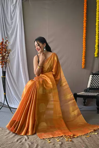 Orange Tissue Silk Zari weaving Thread work saree with Blouse