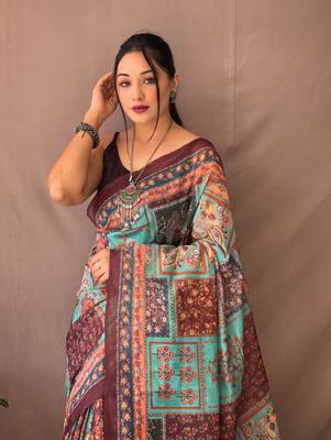 Blue Cotton Blend & Kalamkari Style Printed Rich Pallu Saree With Blouse 2