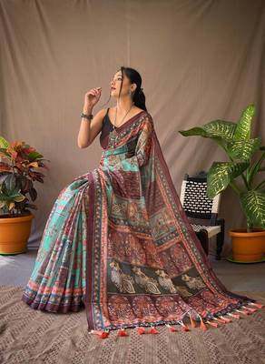 Blue Cotton Blend & Kalamkari Style Printed Rich Pallu Saree With Blouse 3