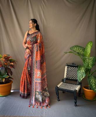 Orange Cotton Blend Kalamkari Print Rich Pallu Saree With Blouse 1