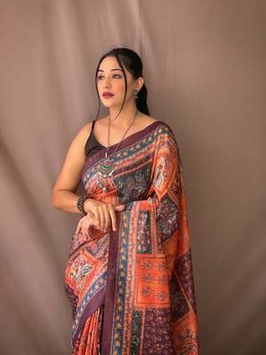 Orange Cotton Blend Kalamkari Print Rich Pallu Saree With Blouse 2