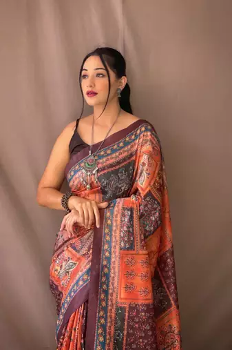 Orange Cotton Blend Kalamkari Print Rich Pallu Saree With Blouse