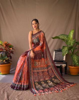Orange Cotton Blend Kalamkari Print Rich Pallu Saree With Blouse 3