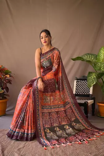 Orange Cotton Blend Kalamkari Print Rich Pallu Saree With Blouse