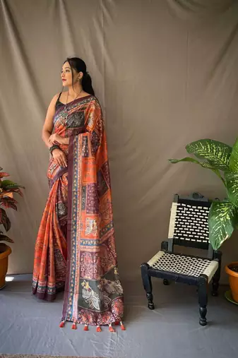 Orange Cotton Blend Kalamkari Print Rich Pallu Saree With Blouse