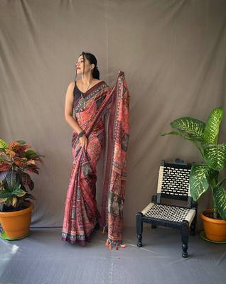 Marron Cotton Blend Kalamkari Print Rich Pallu Saree With Blouse 1