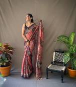 Marron Cotton Blend Kalamkari Print Rich Pallu Saree With Blouse