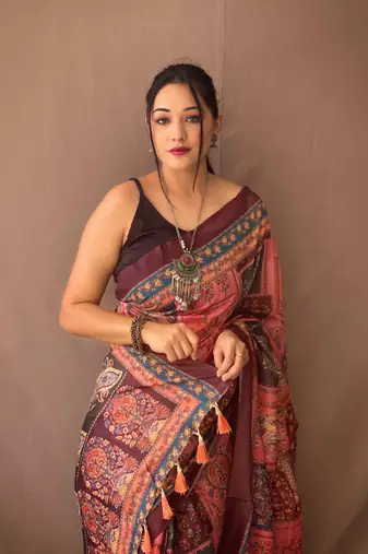 Marron Cotton Blend Kalamkari Print Rich Pallu Saree With Blouse