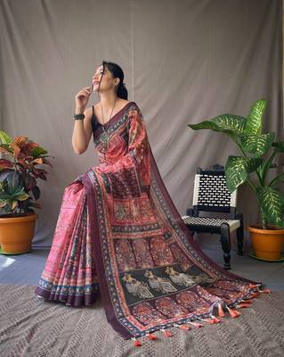Marron Cotton Blend Kalamkari Print Rich Pallu Saree With Blouse 3