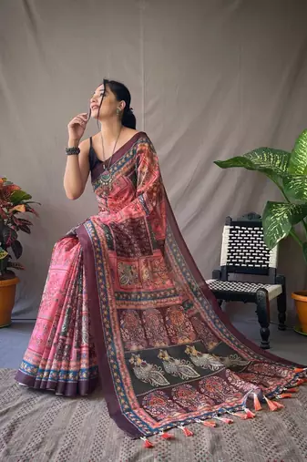 Marron Cotton Blend Kalamkari Print Rich Pallu Saree With Blouse