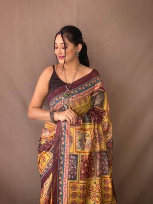 Yellow Cotton Blend Kalamkari Print Rich Pallu Saree With Blouse 2
