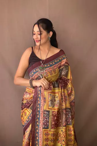 Yellow Cotton Blend Kalamkari Print Rich Pallu Saree With Blouse