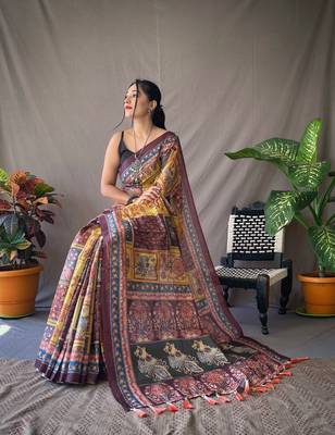 Yellow Cotton Blend Kalamkari Print Rich Pallu Saree With Blouse 3