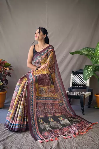 Yellow Cotton Blend Kalamkari Print Rich Pallu Saree With Blouse