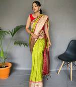 Women Parrot Green  Paithani Woven Design Zari Art Silk Rich Pallu Saree With Blouse For Women
