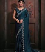 Designer Teal Green Handwork Zarkan Cutwork Border Chiffon Saree