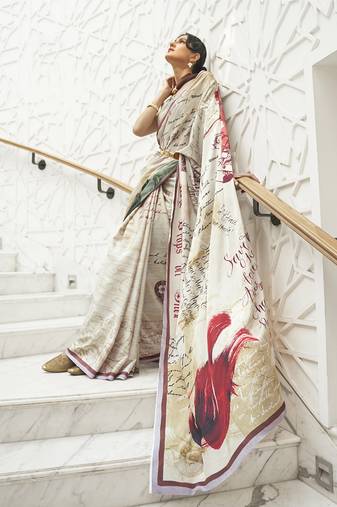 Cream Colour Classic Digital Printed Crepe Silk Blend Saree