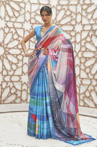 Blue Colour Classic Digital Printed Crepe Silk Blend Saree
