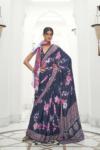 Navy Blue Colour Classic Digital Printed Crepe Silk Blend Saree