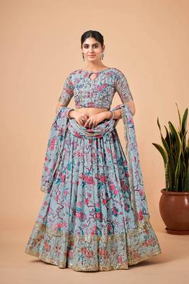 Sky-Blue Faux Georgette Lehenga Choli Set With Dupatta 1