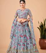 Sky-Blue Faux Georgette Lehenga Choli Set With Dupatta