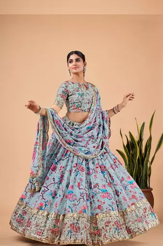 Sky-Blue Faux Georgette Lehenga Choli Set With Dupatta