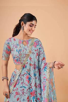 Sky-Blue Faux Georgette Lehenga Choli Set With Dupatta 4