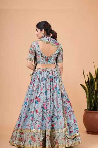Sky-Blue Faux Georgette Lehenga Choli Set With Dupatta