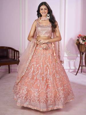 beige sequins net lehenga set choli with dupatta with dupatta 1